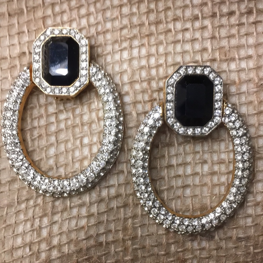 Vintage LES Bernard Rhinestone Runway Couture Door Knocker Earrings Gold-tone